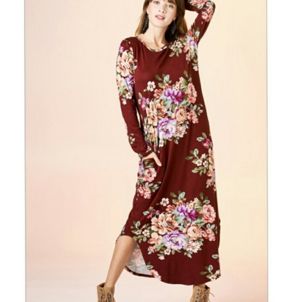 Oddy Burgundy Floral Long Sleeve Maxi Dress w Pockets